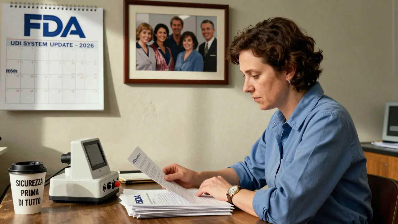 Una imprenditrice legge una lettera dell'FDA in un laboratorio artigianale, circondata da documenti di conformità.