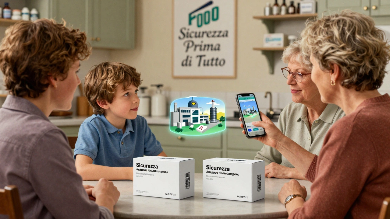 Una nonna mostra a suo nipote un&#039;app di realtà aumentata che rivela la tracciabilità di un farmaco autentico sulla tavola della cucina.