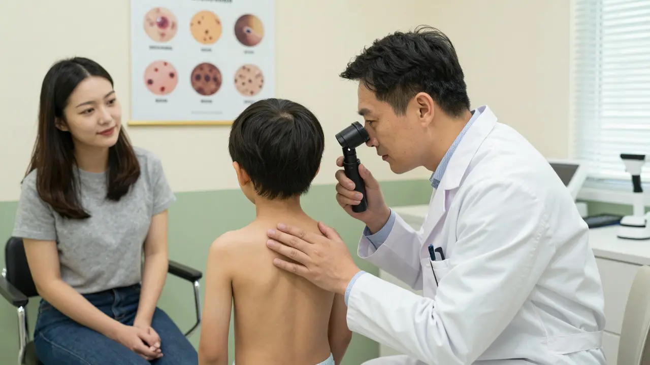 Dermatologo che visita un bambino con uno strumento di ingrandimento, in uno studio medico accogliente e ben illuminato.