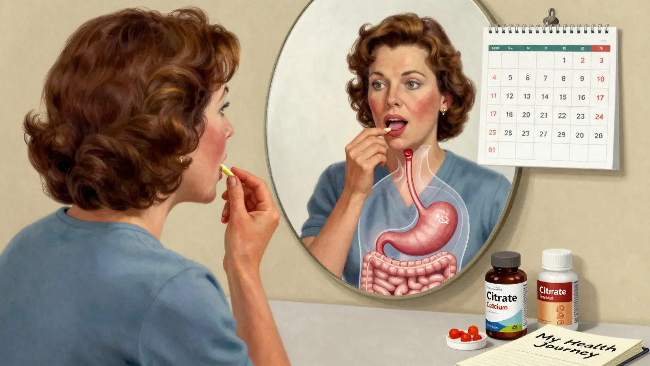 Donna che assume B12 sublinguale davanti allo specchio, con sovrapposizione schematica dell'assorbimento nutrizionale.