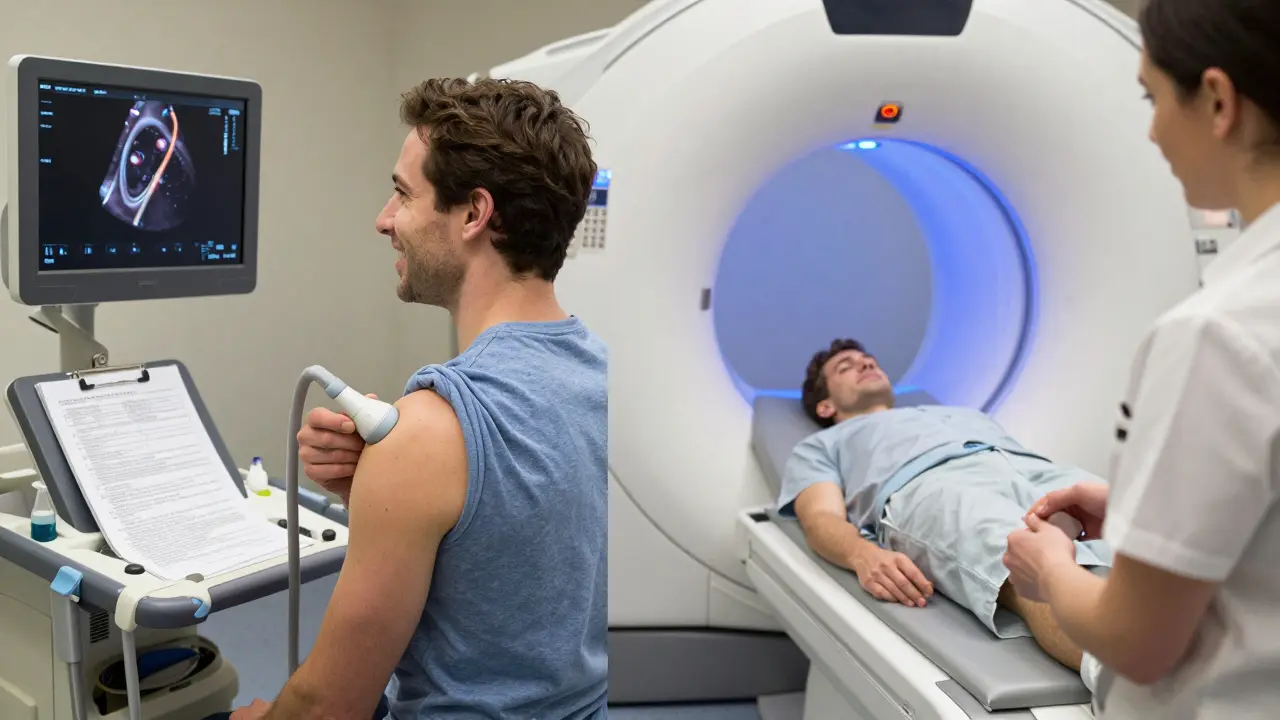 Due pazienti sottoposti a ecografia e risonanza magnetica della spalla in un ambiente clinico tranquillo.