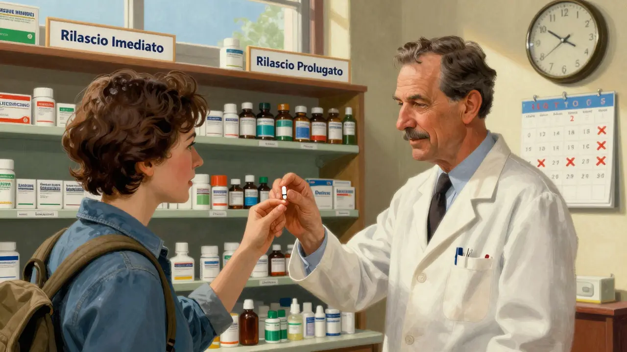 Farmacista che consegna una pillola di melatonina a un viaggiatore, con etichette chiare e orologio che indica l'ora giusta.