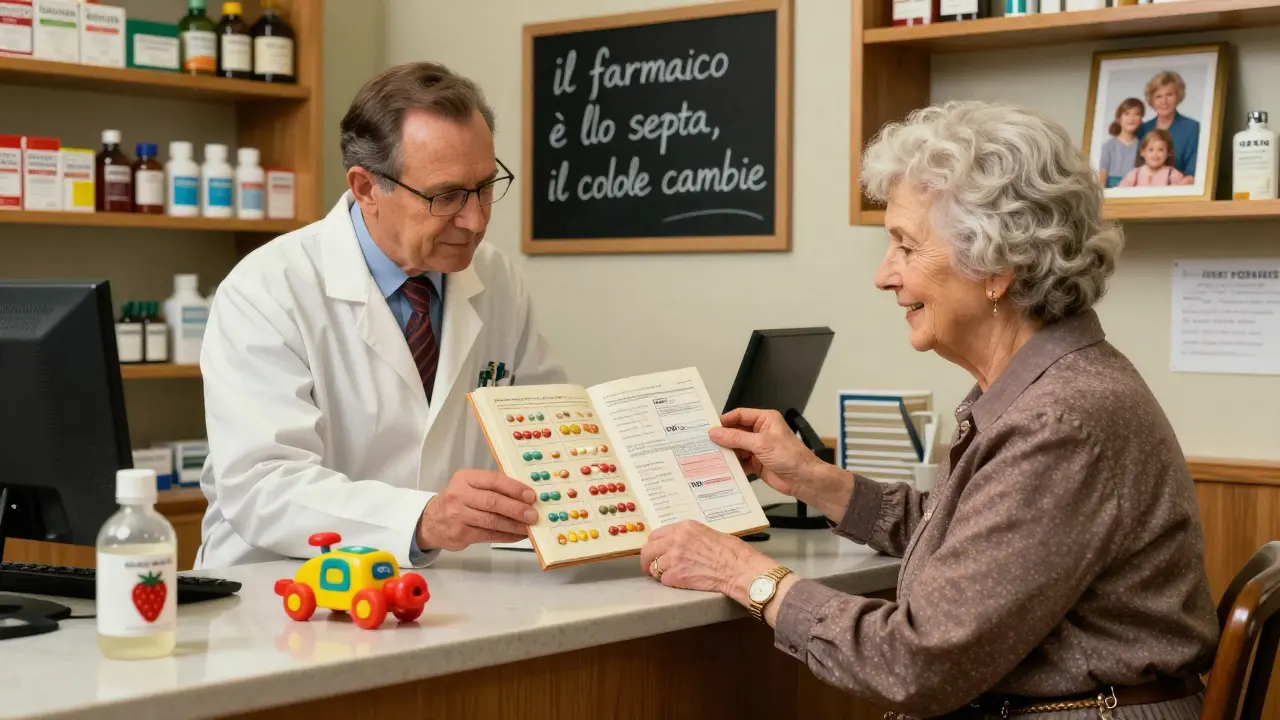 Farmacista mostra a una donna anziana un libro illustrato con le differenze visive tra farmaci.