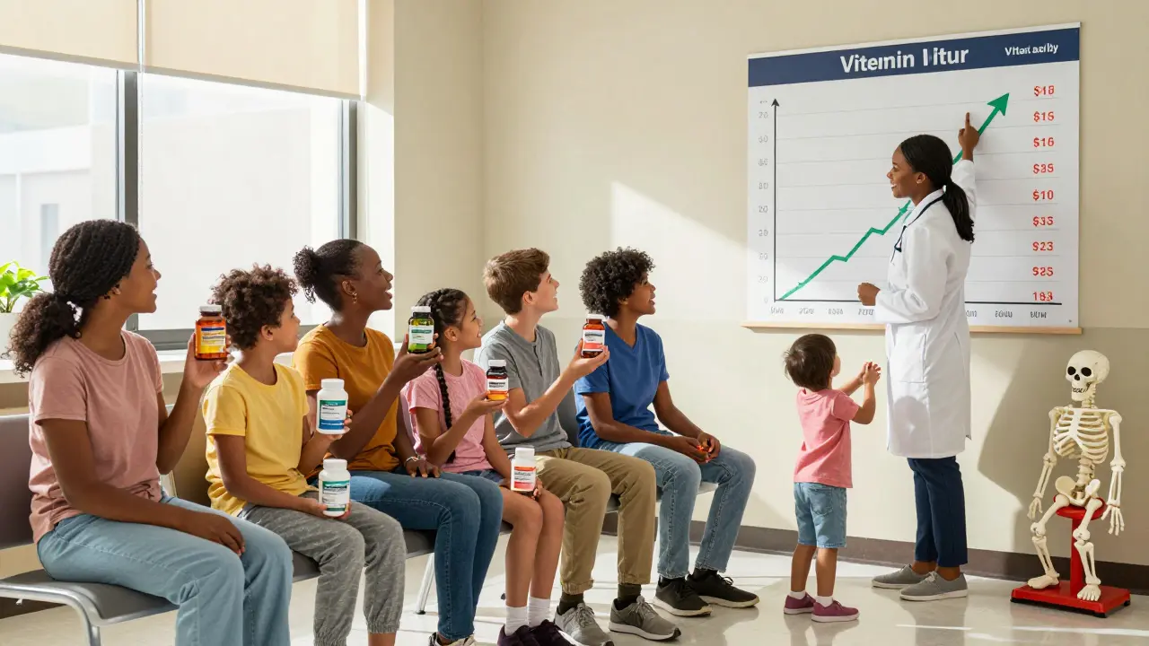 Gruppo di pazienti in clinica con integratori in mano, nutrizionista e grafico delle vitamine sullo sfondo.