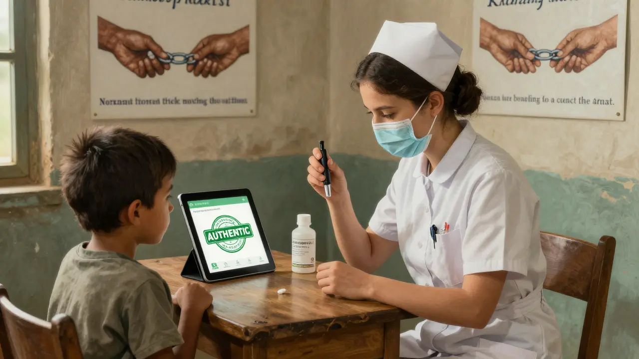 In una clinica rurale, un'infermiera controlla un farmaco con uno strumento portatile mentre un bambino aspetta, con uno schermo che mostra la verifica blockchain.