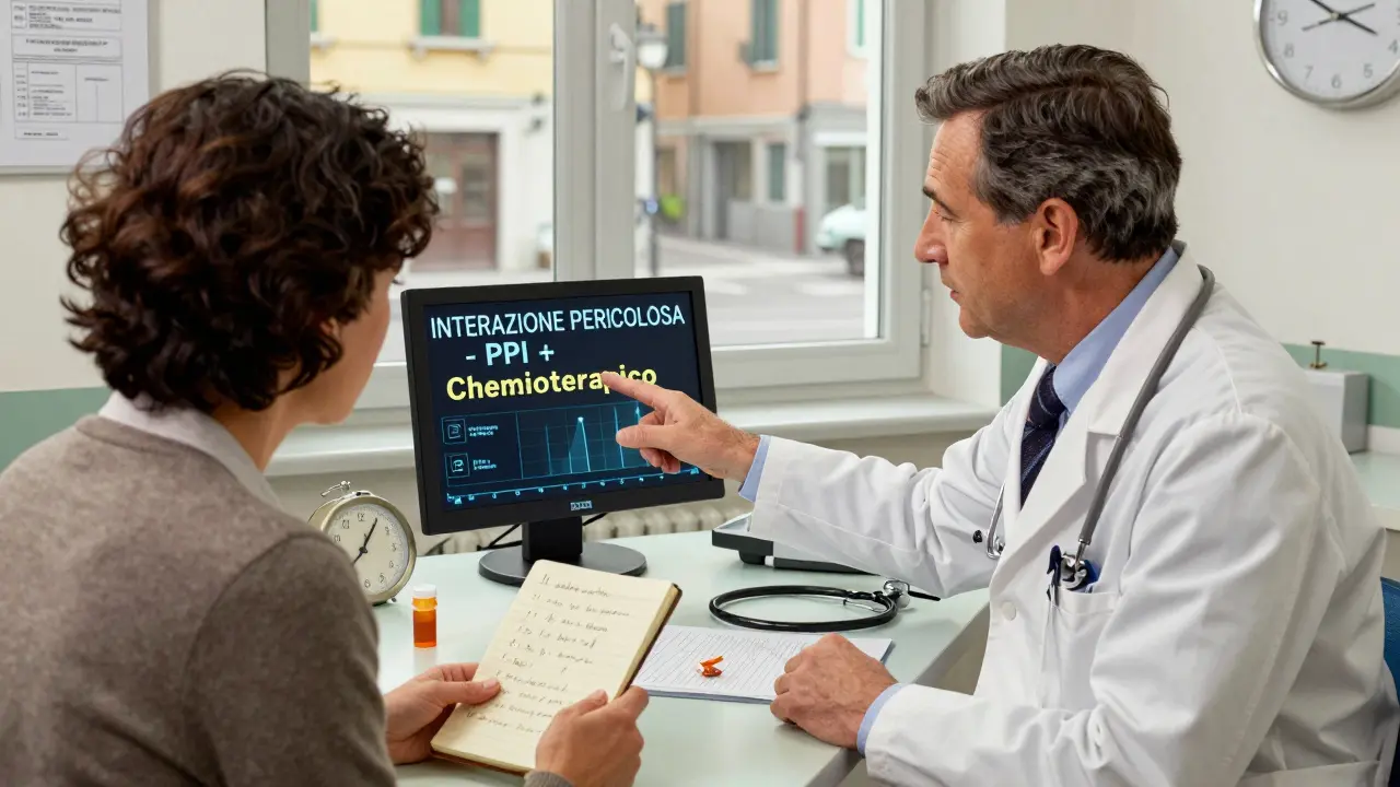 Medico e paziente discutono un avviso di interazione pericolosa in studio.