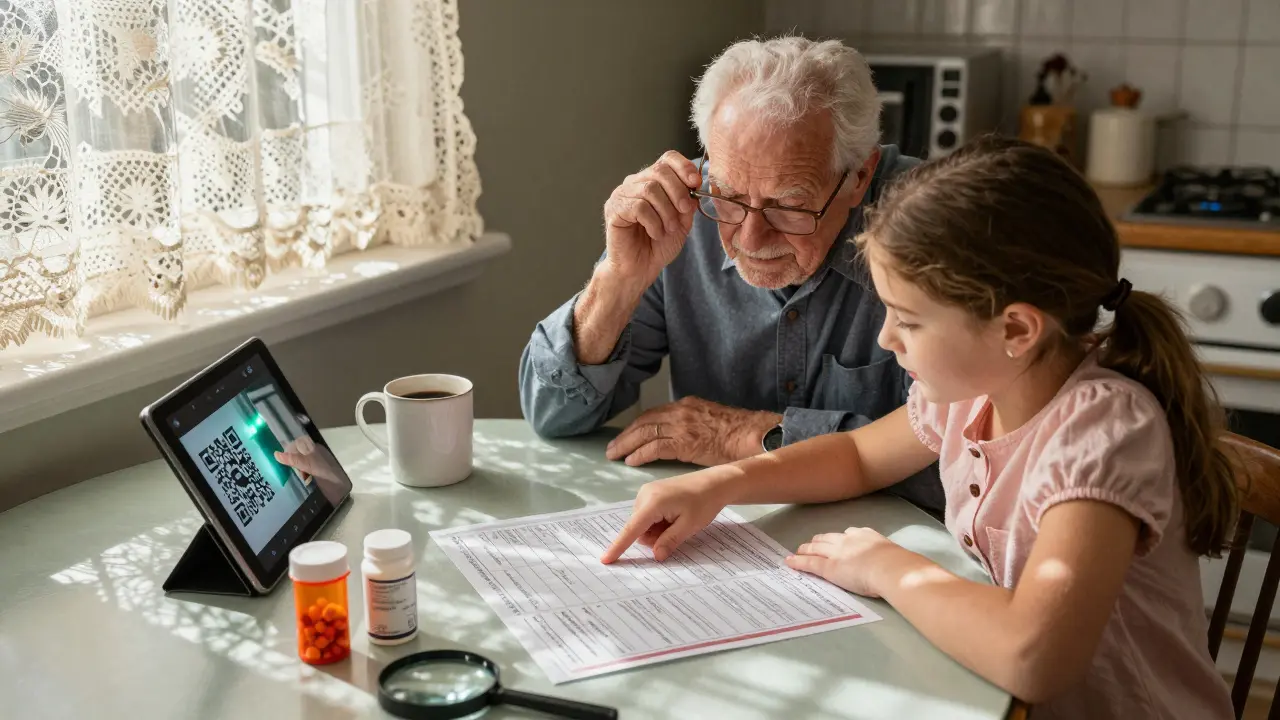 Nonno e nipote insieme a un tavolo con compresse e un codice QR che spiega il farmaco generico.