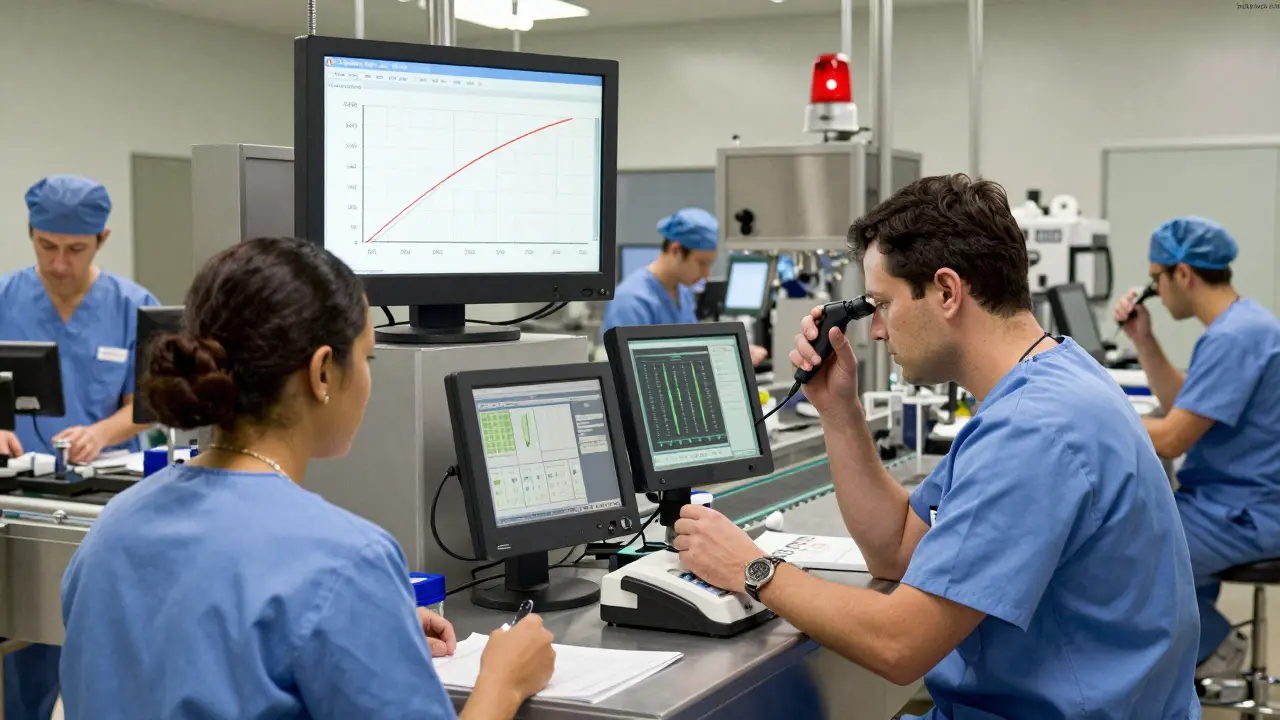 Operai controllano dati in tempo reale su uno stabilimento farmaceutico, con un nastro trasportatore fermato per un controllo.