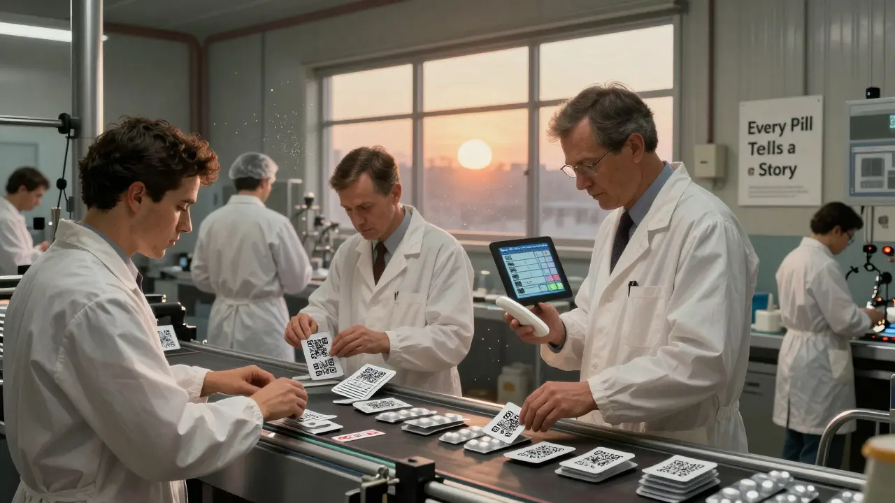 Operai in una fabbrica farmaceutica imballano compresse con codici QR su un nastro trasportatore, sotto la luce del mattino.