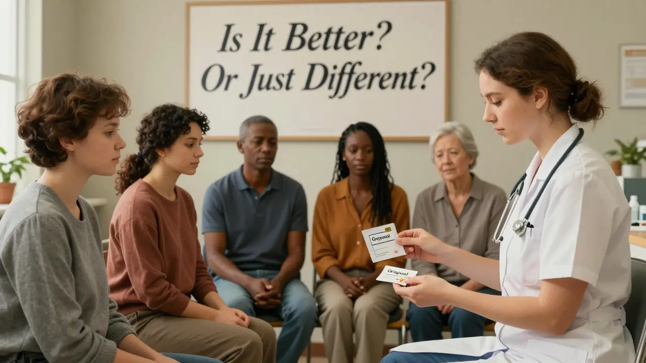Pazienti che ricevono pillole in due confezioni diverse, con un poster che chiede se sono migliori, in stile Norman Rockwell.