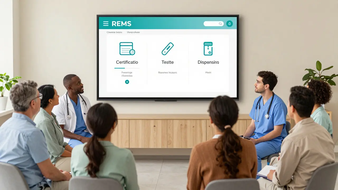 Pazienti e operatori sanitari guardano un pannello digitale che spiega le strategie di sicurezza dei farmaci.