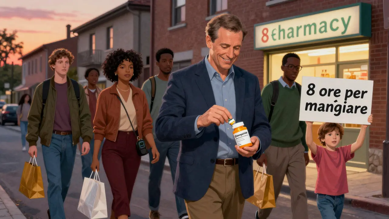 Persone in una comunità italiana camminano al tramonto, cambiando farmaco per gestire il peso.