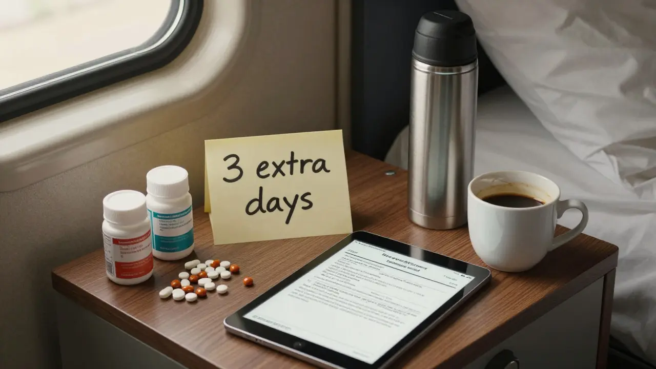 Tavolino da notte con farmaci extra, nota manoscritta e termos per insulina, luce del mattino che filtra dalla finestra della cabina.