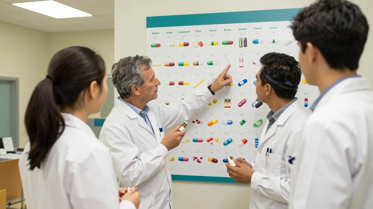 Tecnici che studiano farmaci su un muro con immagini di compresse e flaconi in un ospedale.
