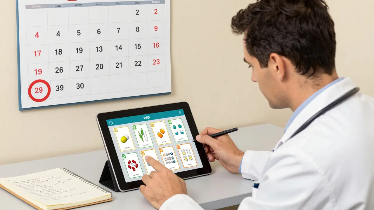 Tecnico che usa un tablet con schede di studio e appunti su classi terapeutiche in un ufficio.