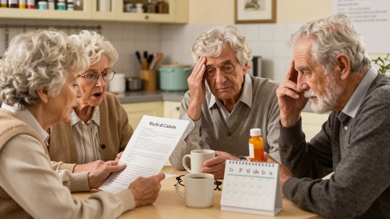Tre anziani e un farmacista discutono le medicine a tavola, con un foglio che elenca i rischi.