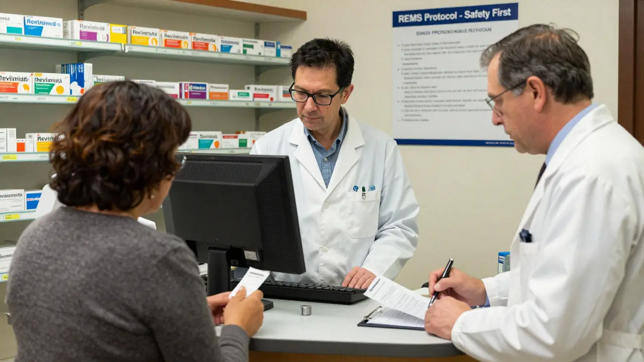 Un farmacista controlla i dati di un paziente in una farmacia specializzata.