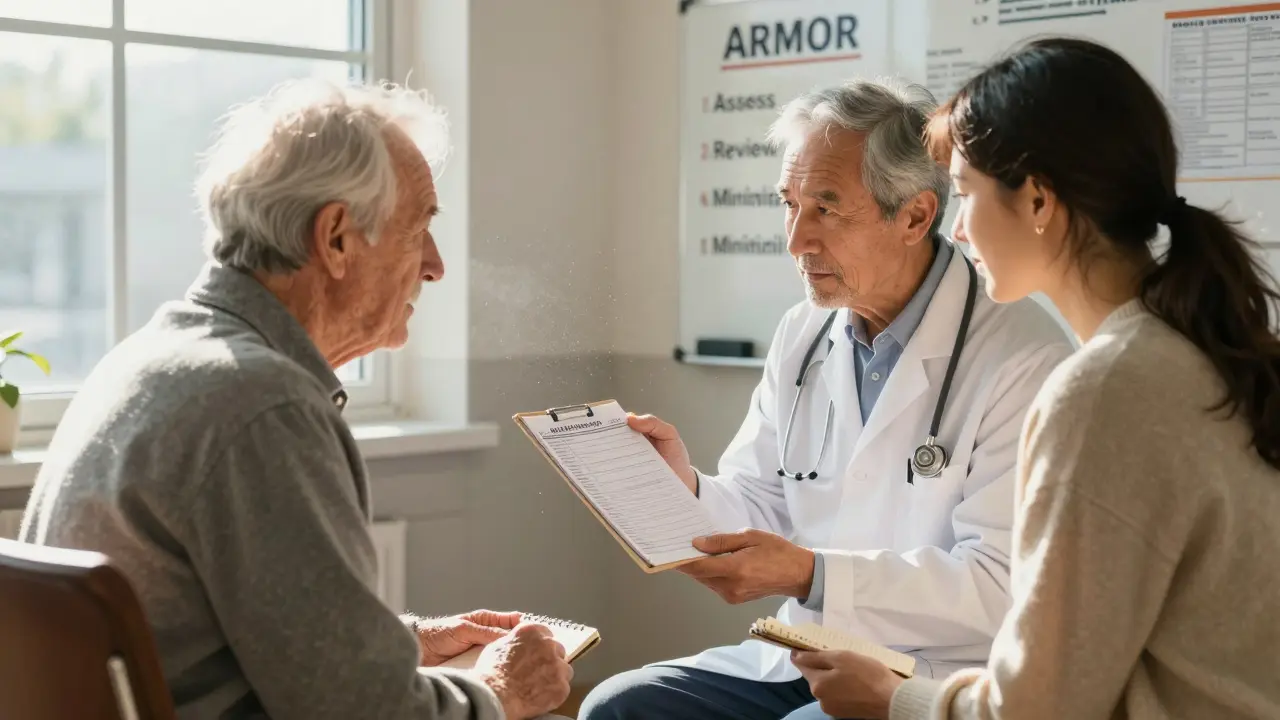 Un geriatra e una famiglia revisionano la lista dei farmaci in clinica, con una lavagna che mostra il protocollo ARMOR per ridurre le terapie.