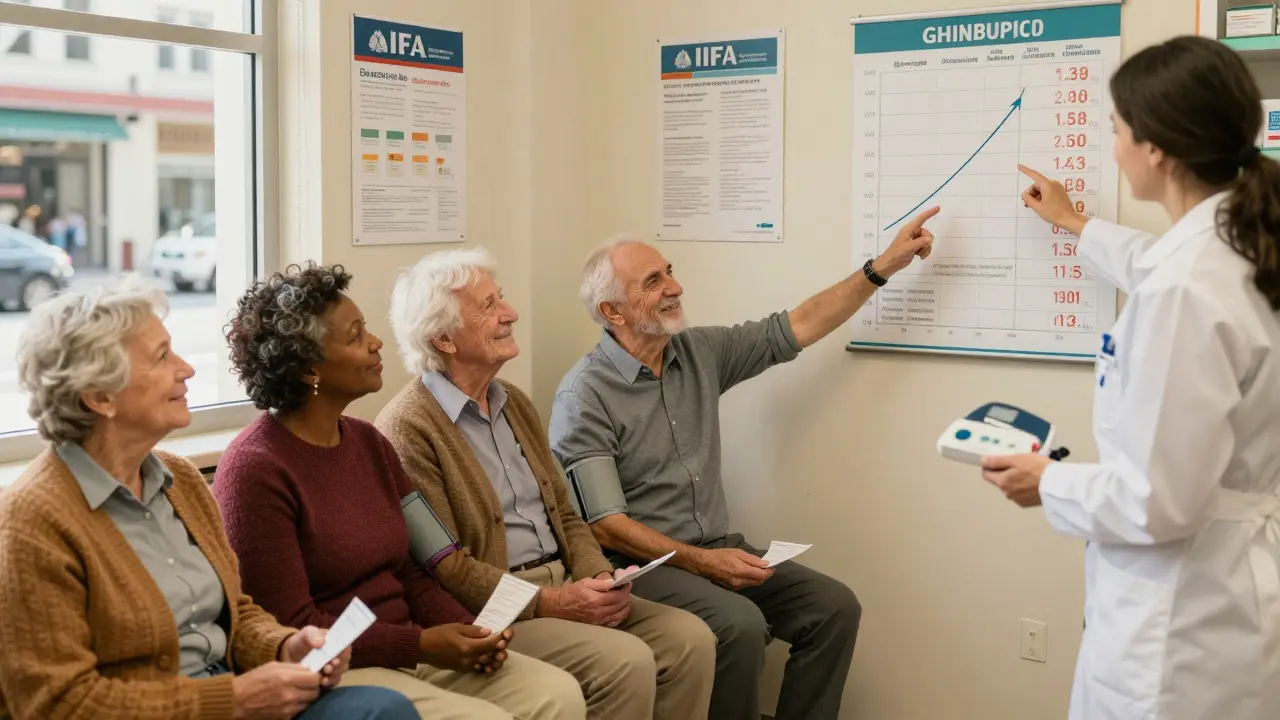 Un gruppo di anziani in farmacia sorride mentre un farmacista mostra un grafico sull'uso dei generici.