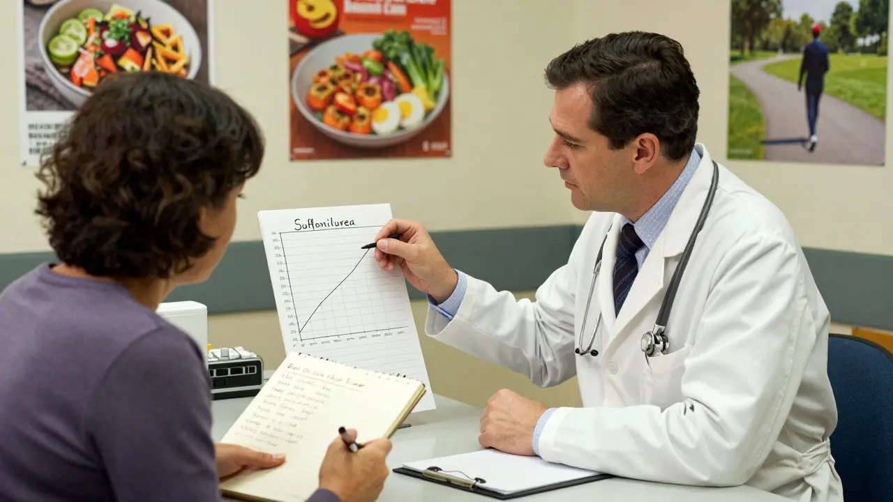 Un medico e un paziente discutono un grafico del peso in uno studio medico accogliente.