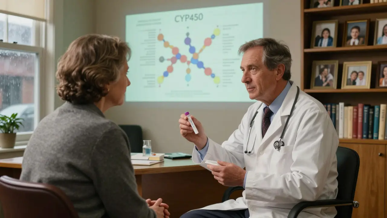 Un medico italiano spiega un test genetico a un paziente in uno studio clinico, con un diagramma del DNA sullo sfondo.