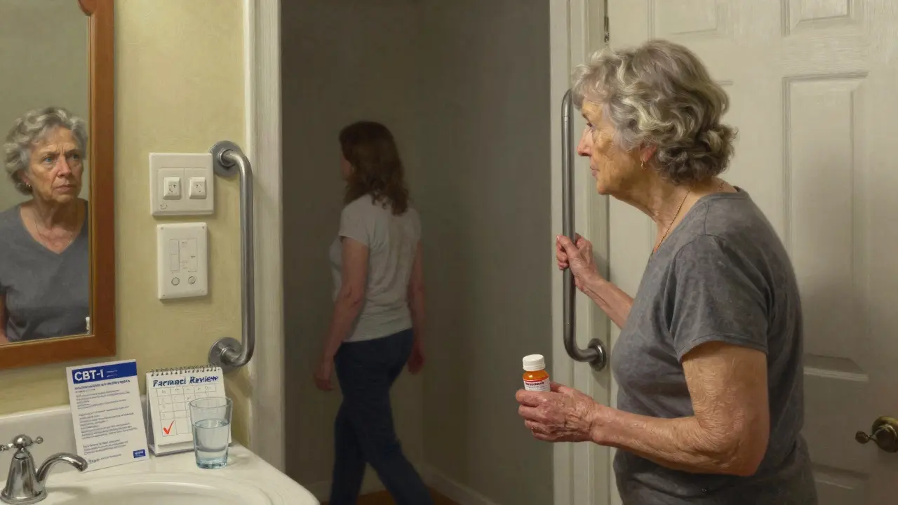 Una donna anziana guarda la propria immagine allo specchio, tenendo un sonnifero e una guida per la terapia del sonno.