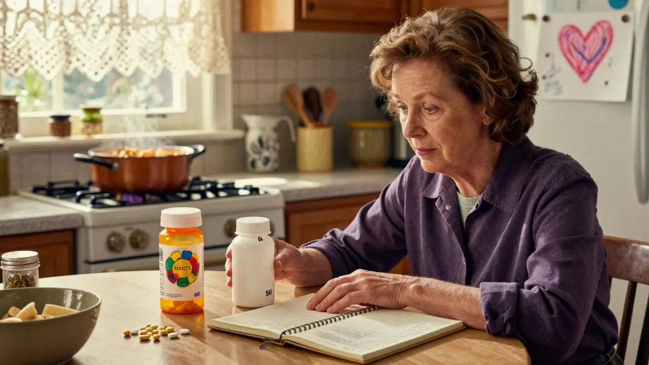 Una donna confronta due bottiglie di farmaci, una costosa e una economica, su un tavolo da cucina.