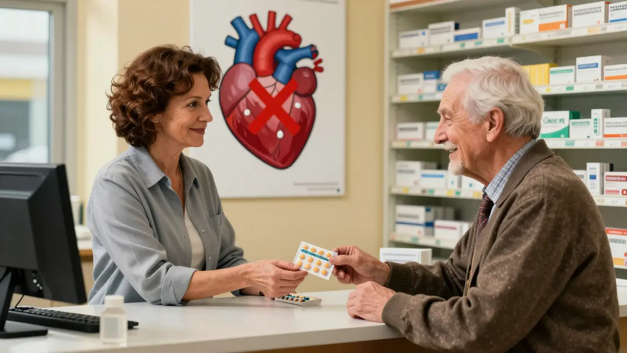 Una donna in farmacia consegna un antidolorifico a un paziente con insufficienza cardiaca, senza sapere del rischio.