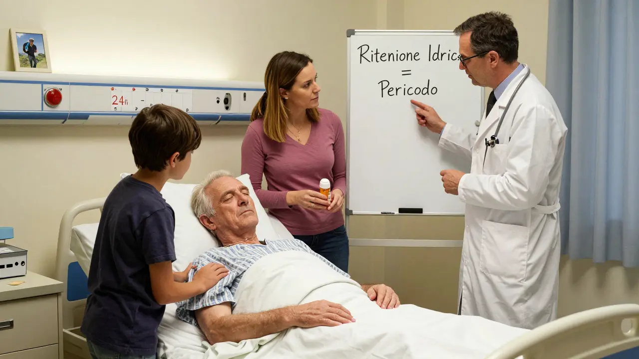 Una famiglia accanto al letto di un paziente in ospedale, con una bottiglia di paracetamolo e un avviso medico sul dolore e la ritenzione idrica.