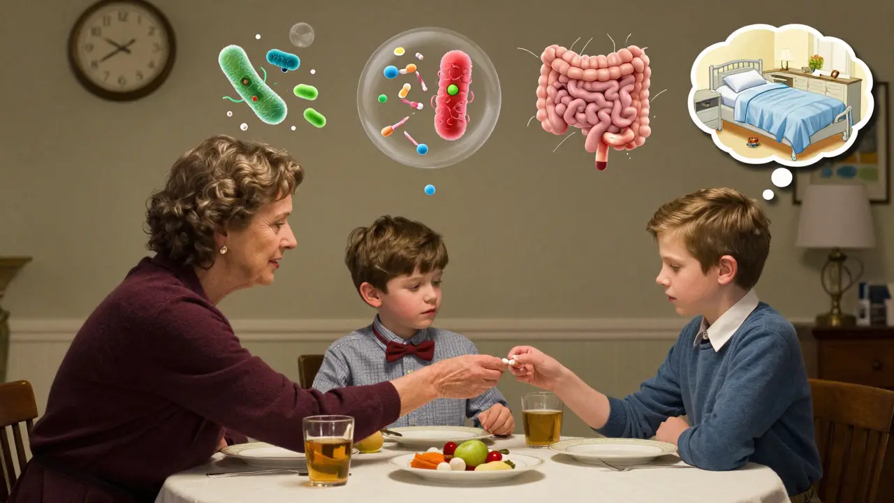 Una nonna dà una pillola al nipote, mentre batteri invisibili modificano il farmaco sopra di loro in una scena domestica calda.