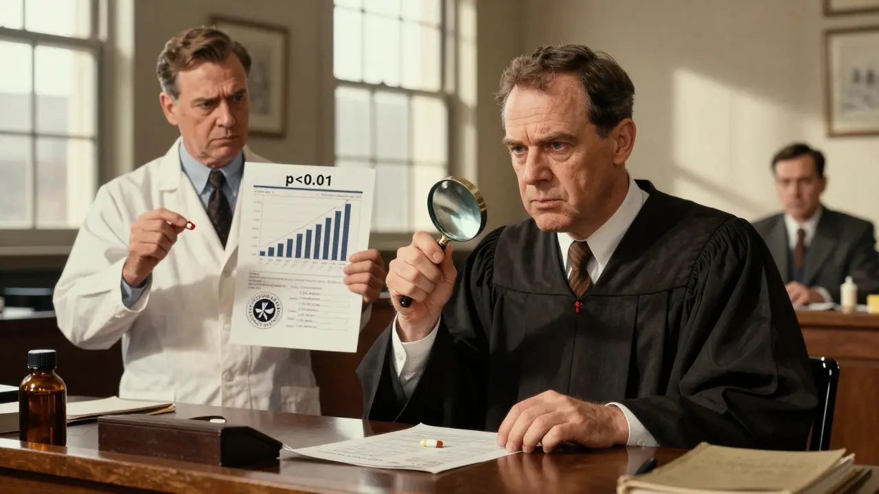 Una scena di tribunale con un giudice che esamina una pillola e dati clinici, in stile Norman Rockwell.