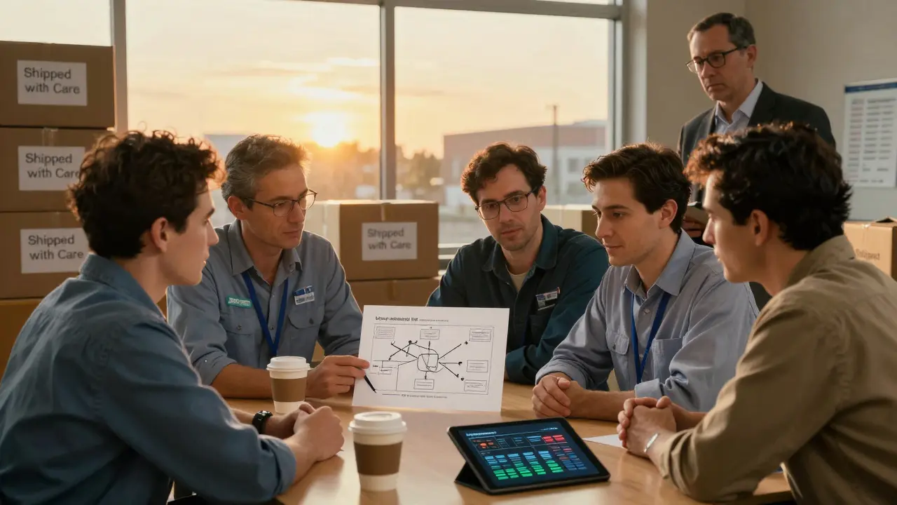 Una squadra discute un difetto usando un diagramma a spina di pesce, con registri digitali e scatole pronte per la spedizione.