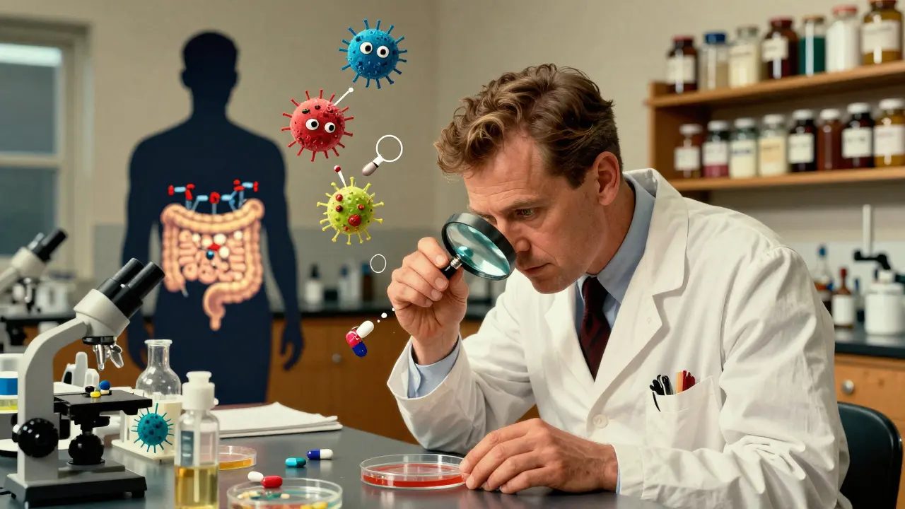 Uno scienziato osserva batteri che trasformano un farmaco in un laboratorio con atmosfera nostalgica e illuminazione calda.