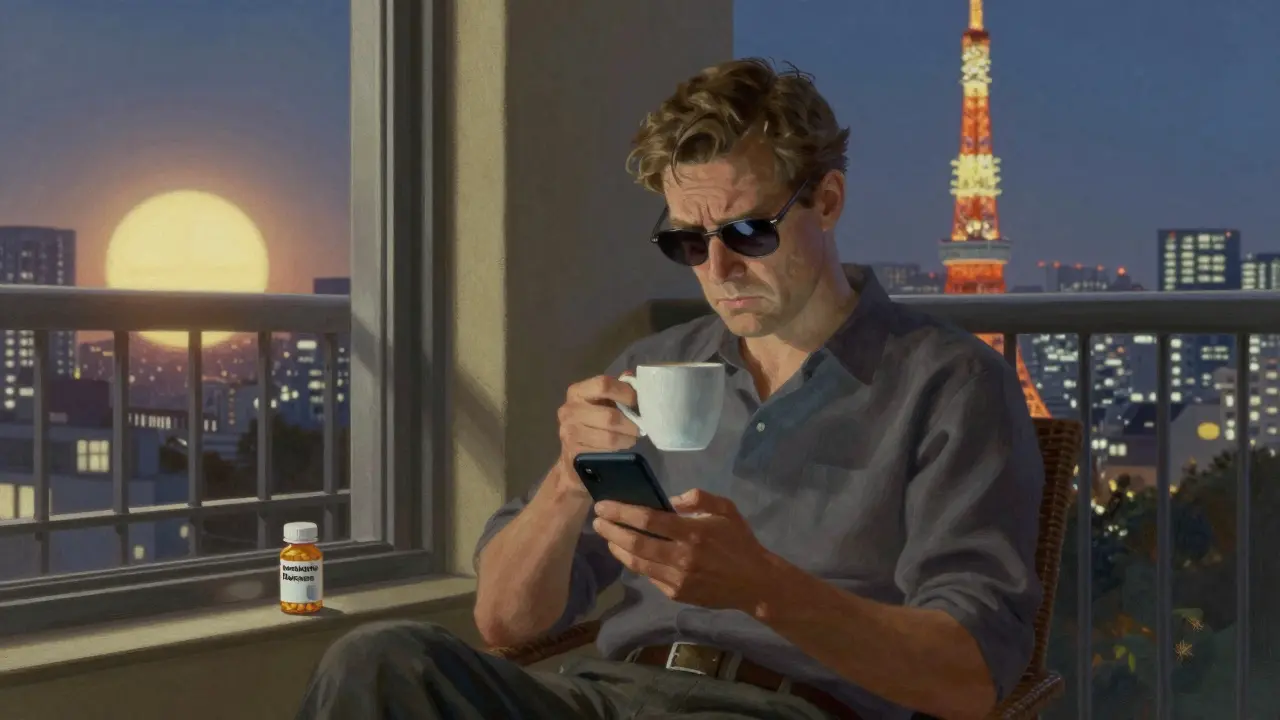 Uomo in hotel a Tokyo con occhiali da sole e caffè, guarda lo schermo mentre fuori sorge il sole, bottiglietta di melatonina immediata sul tavolo.