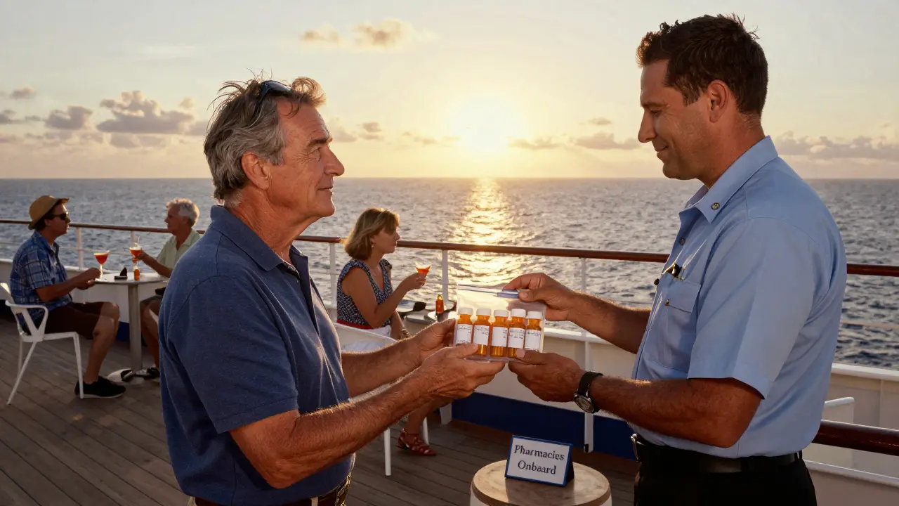 Viaggiatore che mostra farmaci etichettati a un ufficiale medico su una nave da crociera, con vista sul mare al tramonto.
