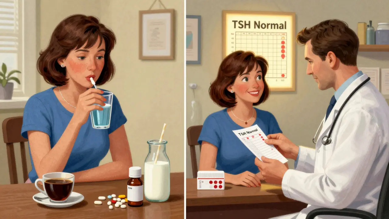 Confronto tra un'assunzione corretta della levotiroxina e un controllo medico con risultati normali, in stile narrativo.
