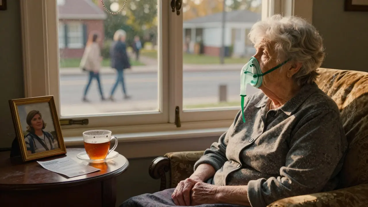 Donna anziana con maschera a ossigeno che guarda dalla finestra, con fattura e foto sul tavolo.
