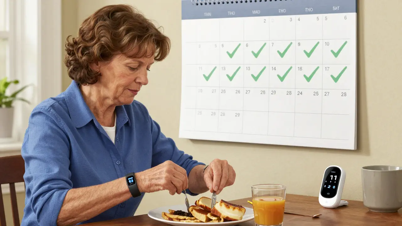 Donna che indossa un dispositivo indossabile mentre prepara la colazione, con un calendario che mostra 14 giorni di monitoraggio del sonno.