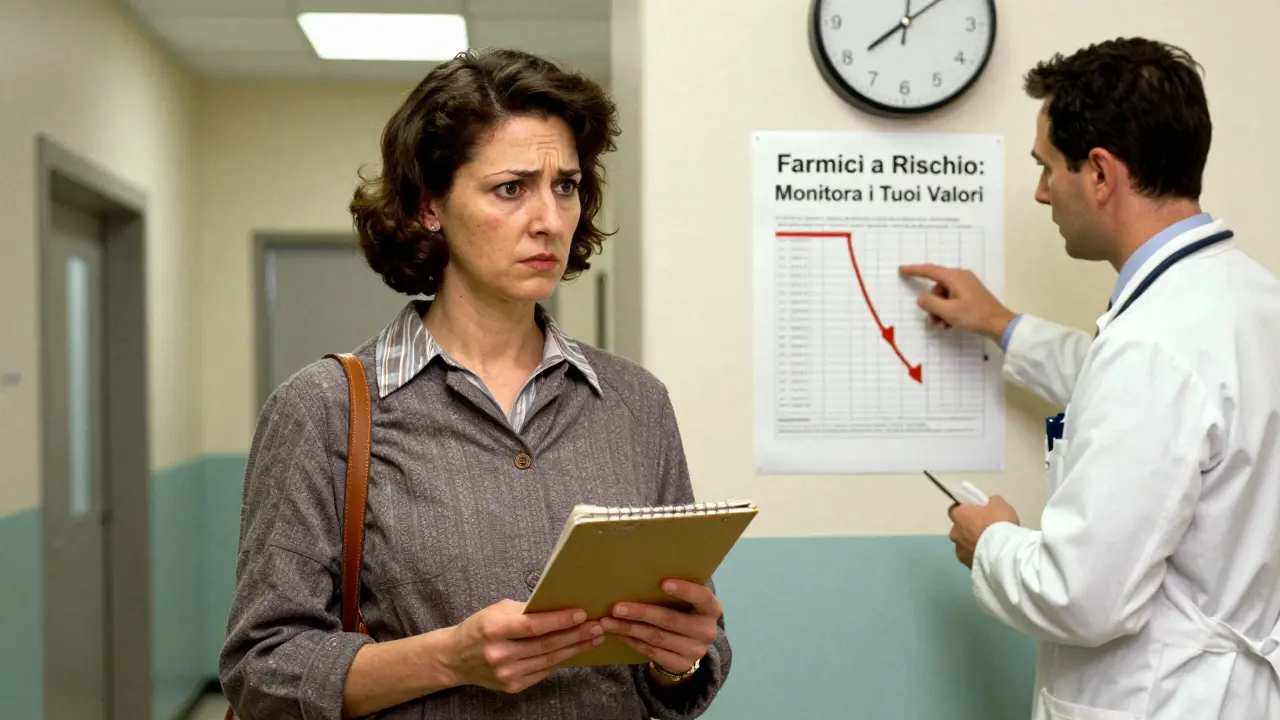 Donna italiana in clinica che guarda i risultati del sangue con il medico.