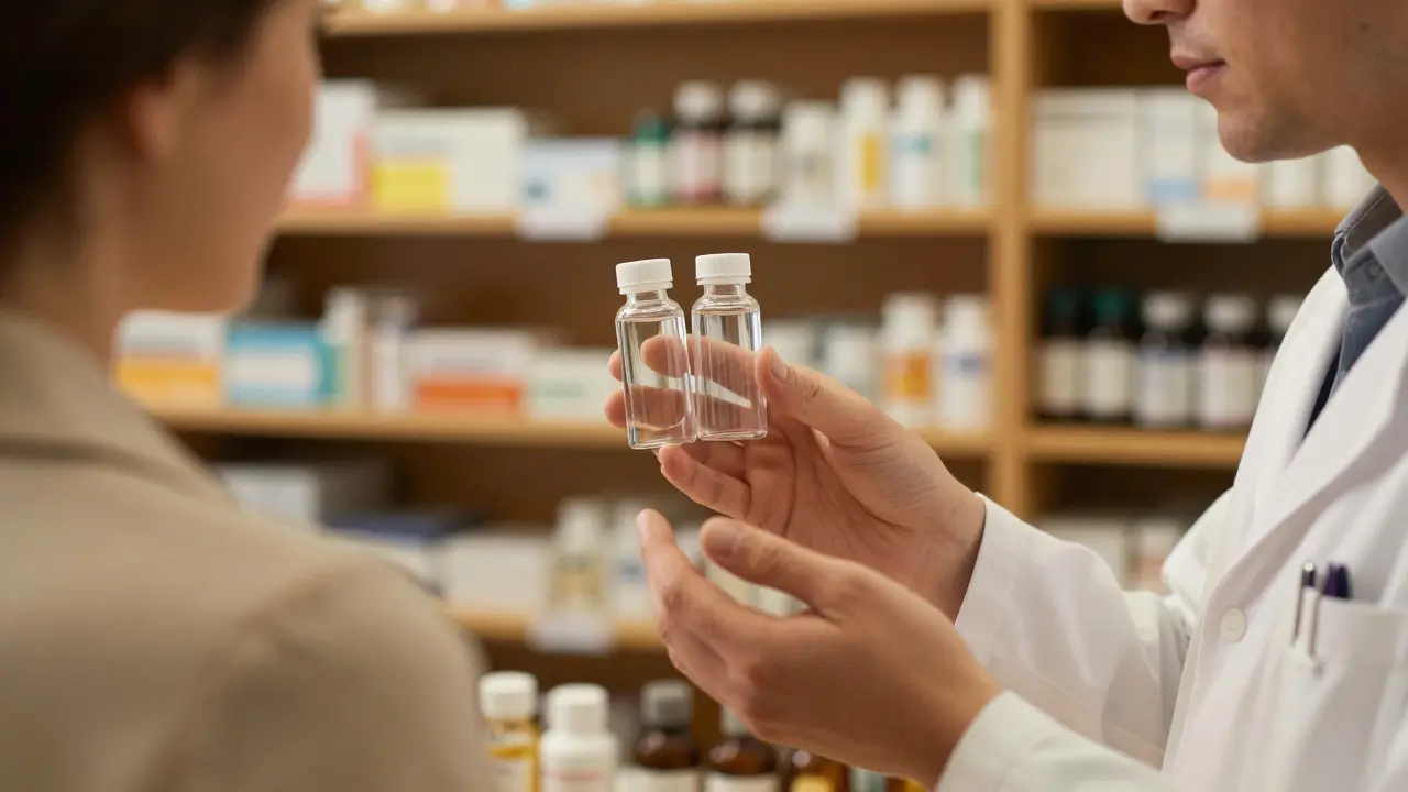 Farmacista consegna due bottiglie di farmaci a paziente in farmacia.