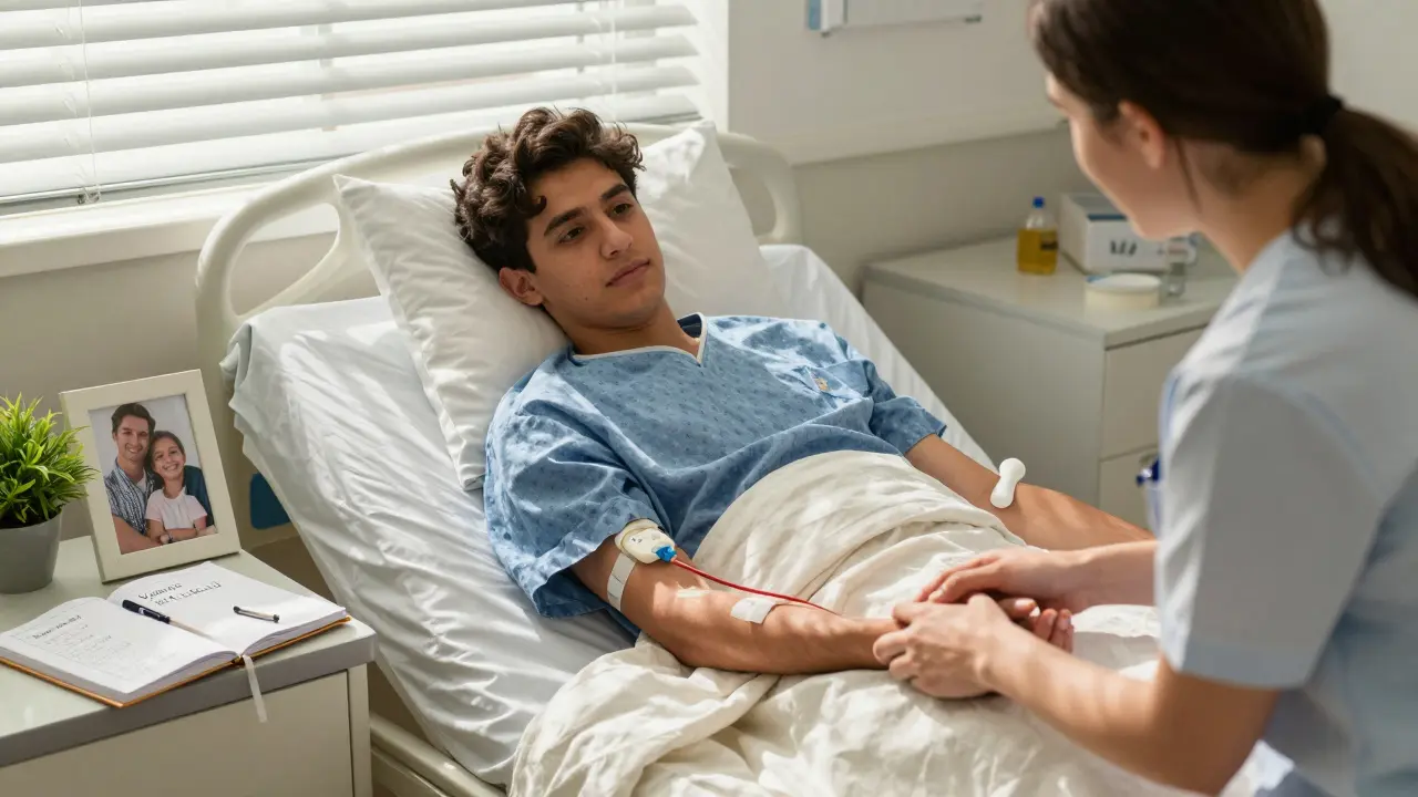 Paziente italiano in ospedale durante una trasfusione, con un diario e una notifica dell'app.