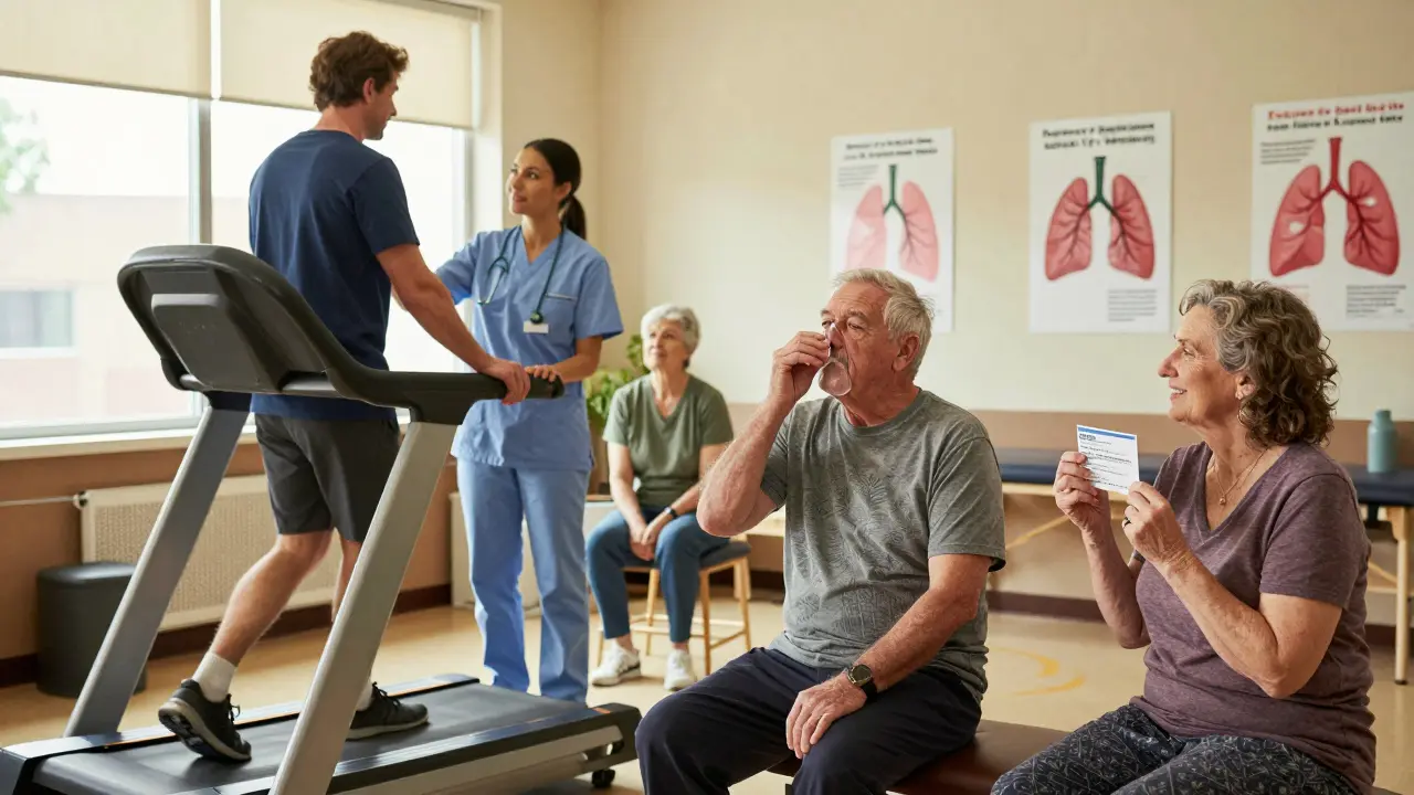 Pazienti in riabilitazione polmonare che camminano e respirano con l'aiuto di un'infermiera.