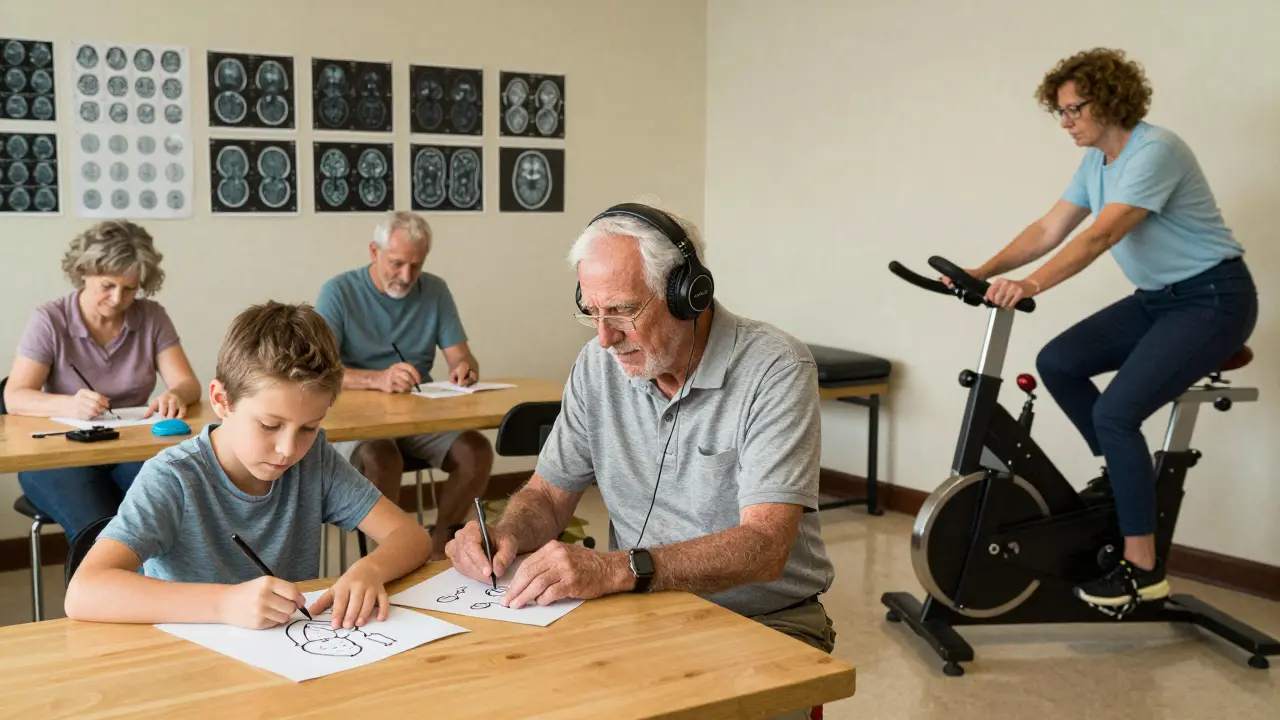 Tre pazienti di età diverse svolgono attività leggere in un centro di riabilitazione, circondati da un'atmosfera calma e accogliente.