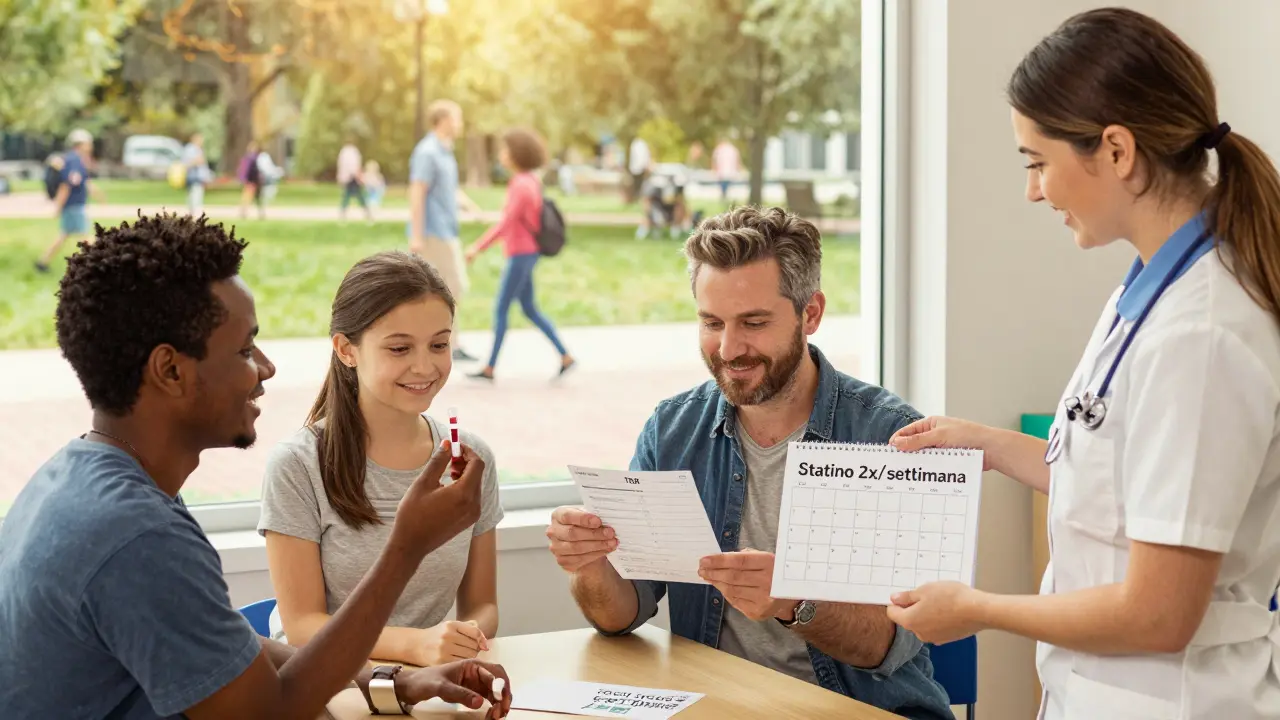 Tre pazienti ricevono risultati di esami e un piano di trattamento in un centro sanitario, con vitamina D, TSH e dosaggio intermittente.