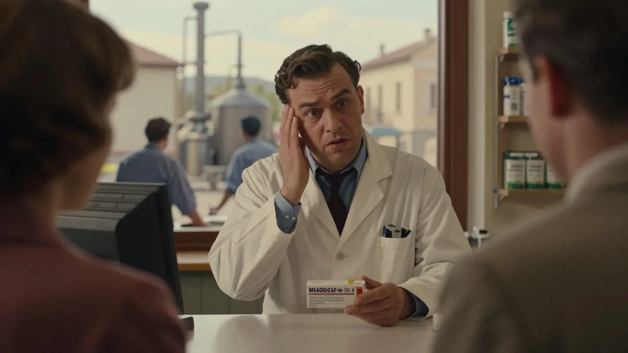 Un farmacista italiano esamina una confezione di farmaco generico senza indicazione del paese di origine, mentre un paziente gli chiede spiegazioni.