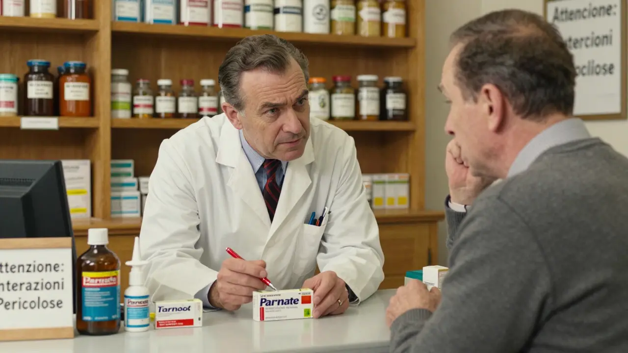 Un farmacista italiano spiega a un paziente quali farmaci per il raffreddore sono sicuri da assumere con gli MAOI.