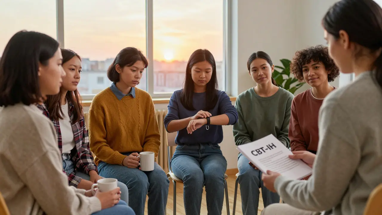 Un gruppo di pazienti in un incontro di sostegno, con un terapeuta che consegna un opuscolo, al chiarore dell'alba.