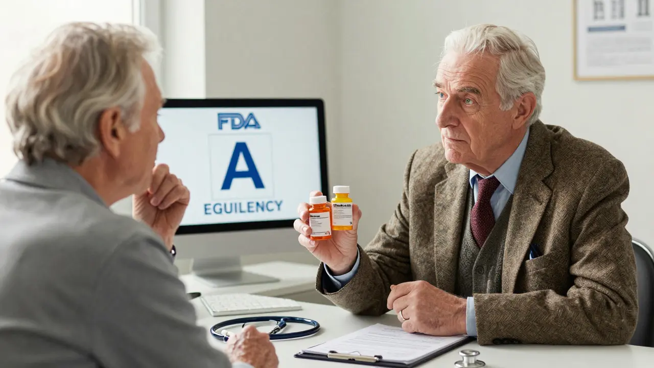 Un medico spiega a un paziente anziano che farmaci di marca e generici sono uguali.