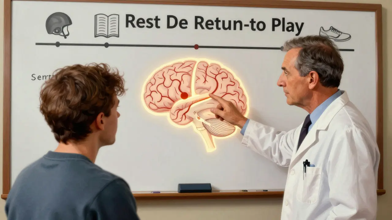 Un neurologo spiega il flusso sanguigno cerebrale a un paziente usando un diagramma illustrato, mentre segni di recupero sono visibili sullo sfondo.