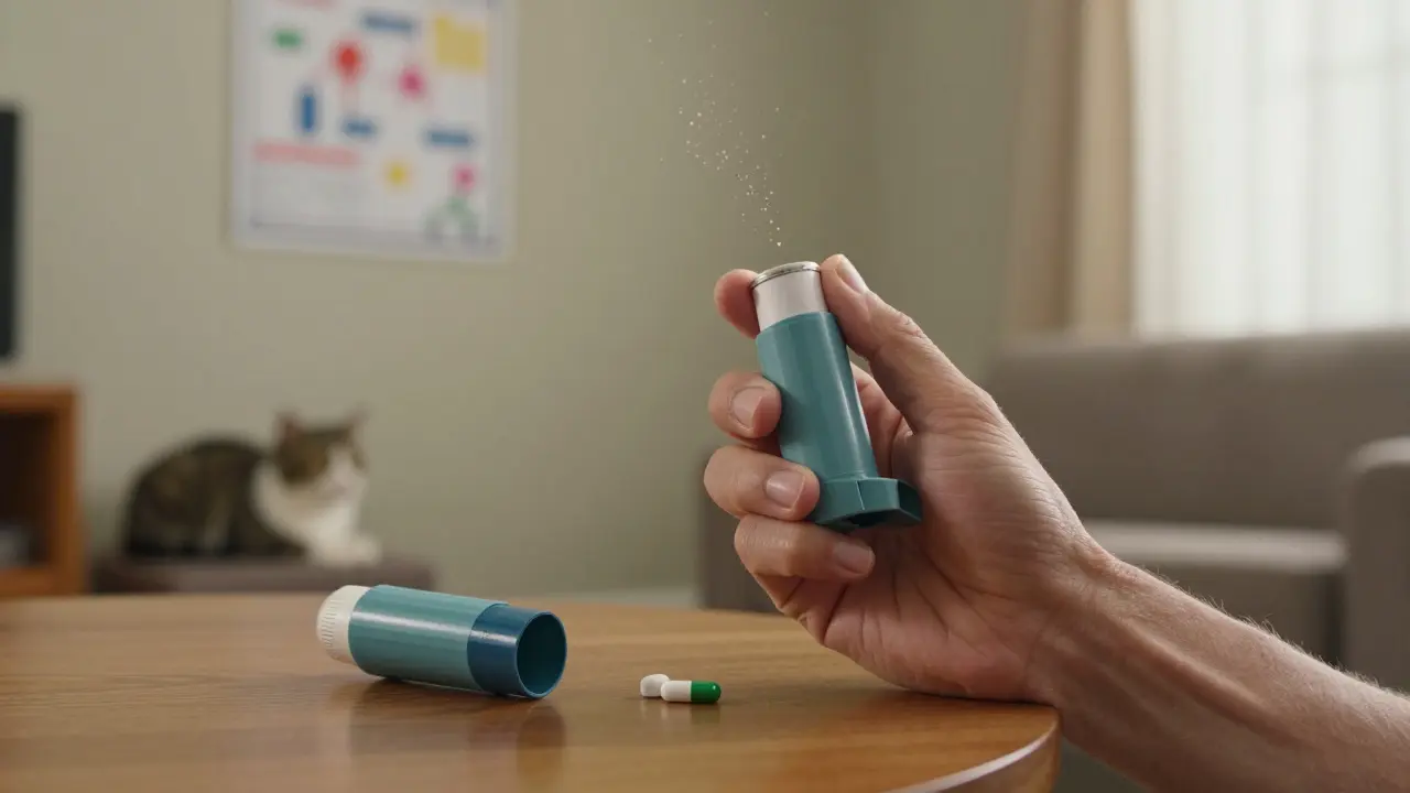 Un paziente usa un inalatore, mentre uno rotto giace accanto, in una scena domestica calda e realistica.